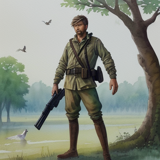 The hunter, armed with his gun, stands beneath the dove’s tree, unaware of the drama unfolding above him.