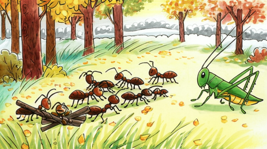 Watercolor painting of a family of industrious brown ants, consistently sized and shaped, diligently gathering food, sticks, and leaves in a vibrant autumnal forest.  A single, larger green grasshopper, consistent in size and shape throughout the painting, watches them lazily from a sun-drenched patch of grass.  In the background, hints of a snowy winter landscape subtly appear on the horizon, indicating the approaching cold. The overall style should evoke a sense of warmth and impending winter.