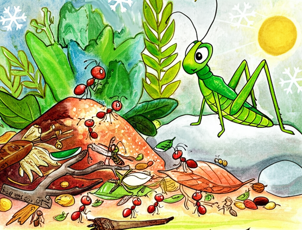 A single watercolor illustration depicting a heartwarming scene:  A family of small, consistently sized and colored brown ants bustling around a pile of gathered food, leaves, and twigs in a detailed forest setting.  A larger, consistently sized and shaped, bright green grasshopper looks on from a nearby sunny rock, his expression one of carefree amusement.  Subtle snowflakes gently fall in the upper corners of the image, suggesting the approaching winter. The color palette should be warm and inviting with cool touches of approaching winter.
