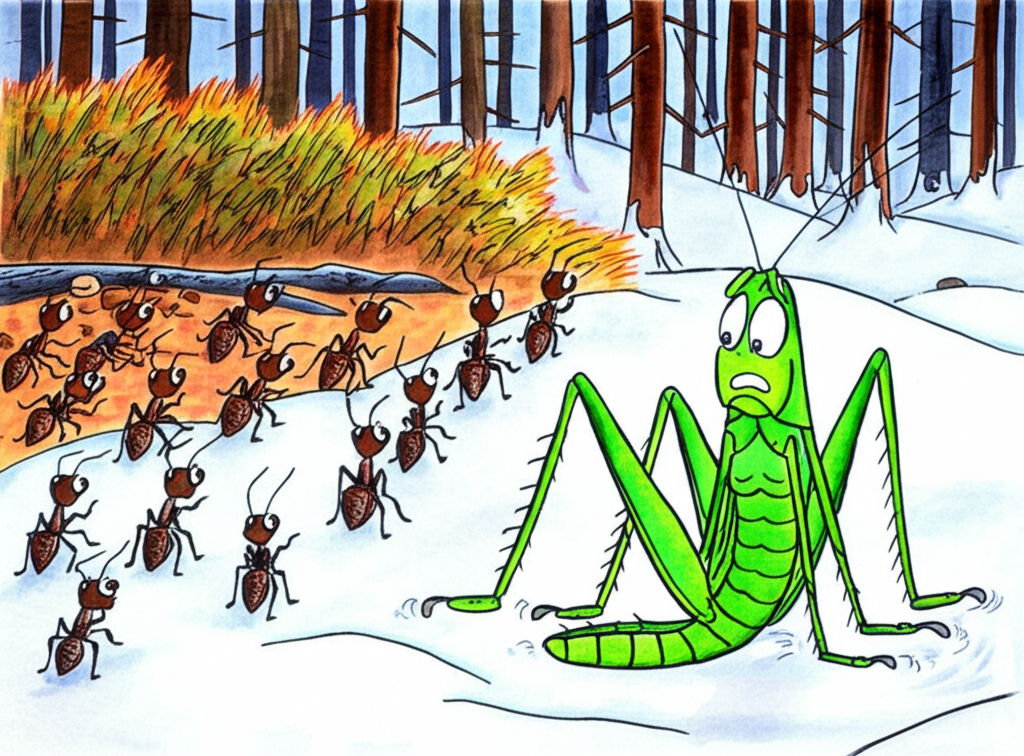 Watercolor painting showing a contrast: A group of consistently sized and shaped brown ants, working collaboratively in a detailed forest scene, are contrasted with a large, consistently sized and shaped bright green grasshopper shivering forlornly amidst a snowy landscape.  The grasshopper’s expression should reflect regret and understanding. The background forest shows a clear shift from autumnal warmth to a cold winter scene. The colors should be vivid, highlighting the difference between the ants’ preparedness and the grasshopper’s plight.
