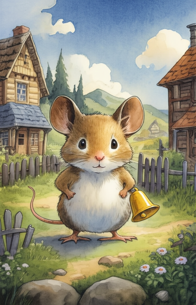 a tiny mouse standing bravely in front of a small village, with a determined look on his face and a shiny bell tied to his tail.