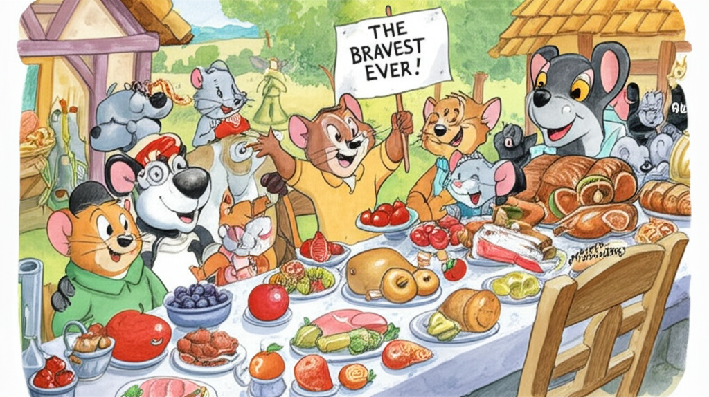 A group shot of all the animals in the village, including a mouse, gathered around a table filled with food and looking happy and grateful, while Jerry proudly holds a sign that reads ‘The Bravest Mouse Ever!’