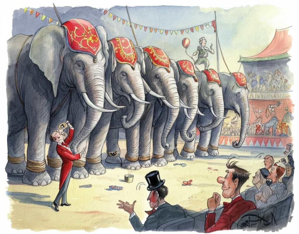 A whimsical circus scene with five majestic elephants, their size contrasting with the thin, easily breakable ropes tying them.  A ringmaster stands nearby, looking on with a knowing smile, while a man in the audience looks puzzled. In the background, other circus performers and animals are visible, creating a vibrant and lively atmosphere.  Style:  Painterly, slightly whimsical, with warm, inviting colors.