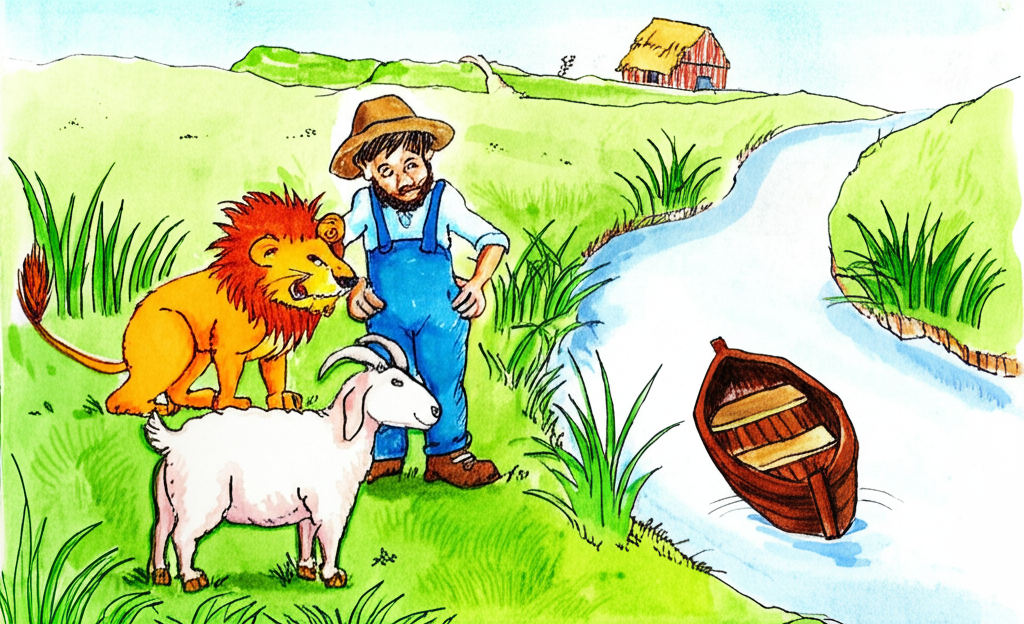 Watercolor painting: A joyful scene of a farmer and his animals (a white goat, a golden-brown lion) by a river.  A small boat is in the foreground, suggesting the successful completion of a problem.  The grass is depicted in a bright, realistic style, contrasting with the more whimsical style of the animals and farmer. A sense of relief and accomplishment should be conveyed in the farmer’s expression.  Use a range of watercolor washes to create depth and texture; employ a vibrant color palette while maintaining a consistent style for characters throughout the painting. Style: Slightly whimsical, reminiscent of children’s book illustrations.