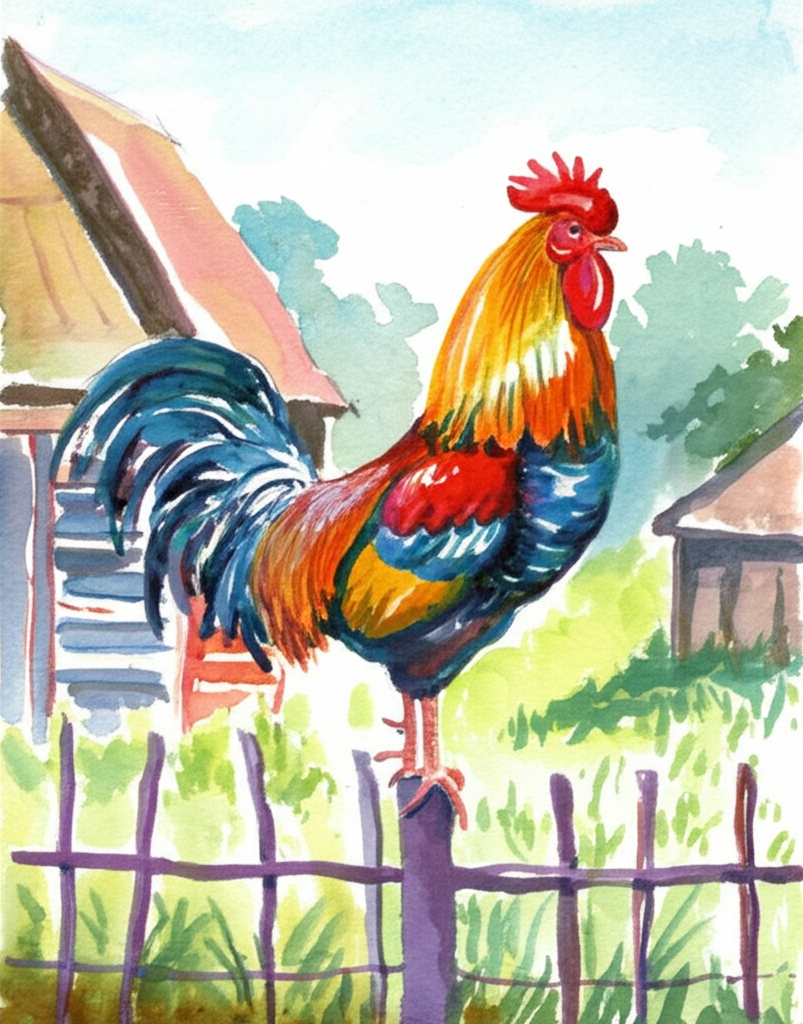 A rooster sitting on a fence in a village