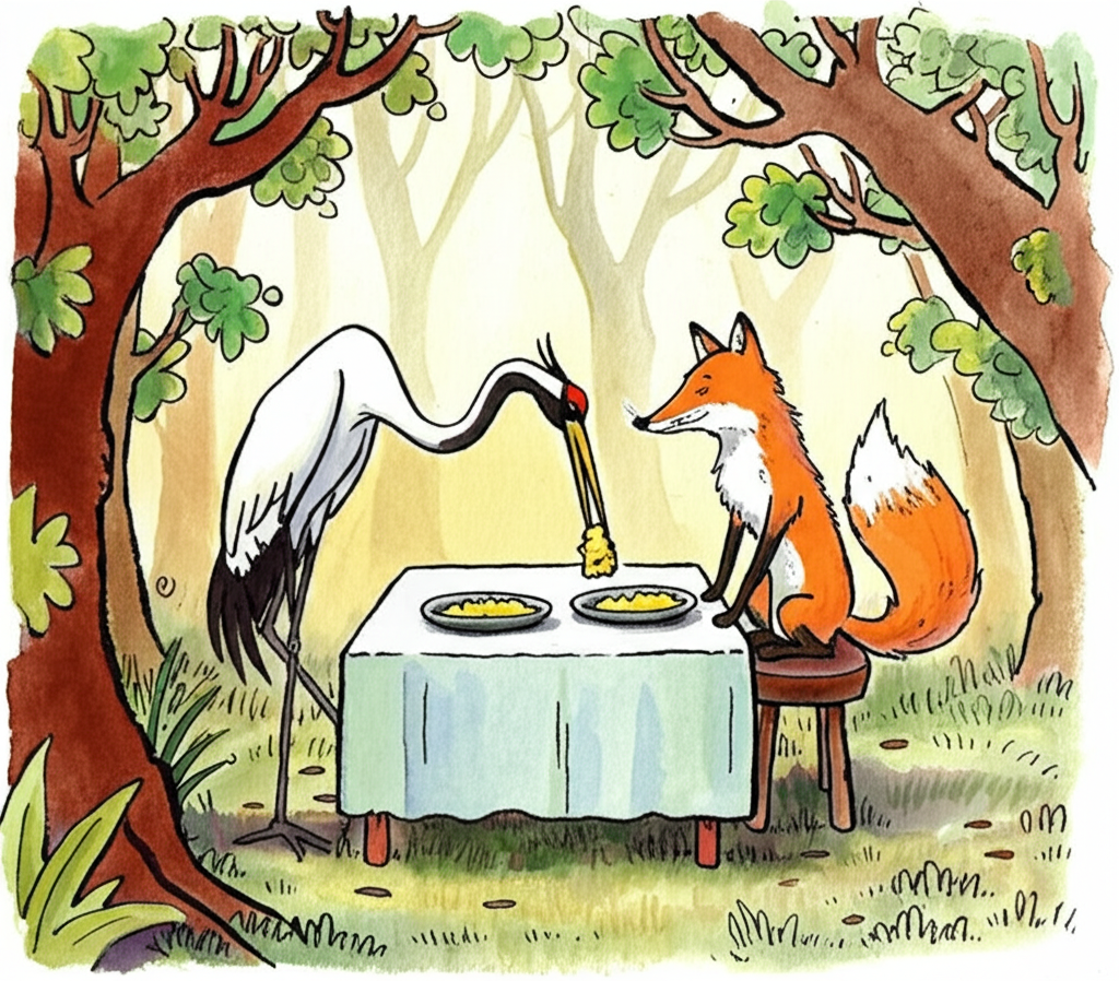 The fox and crane sitting at a table in the forest, with two plates of porridge in front of them. The crane’s long beak is reaching for the porridge but can’t quite get it.