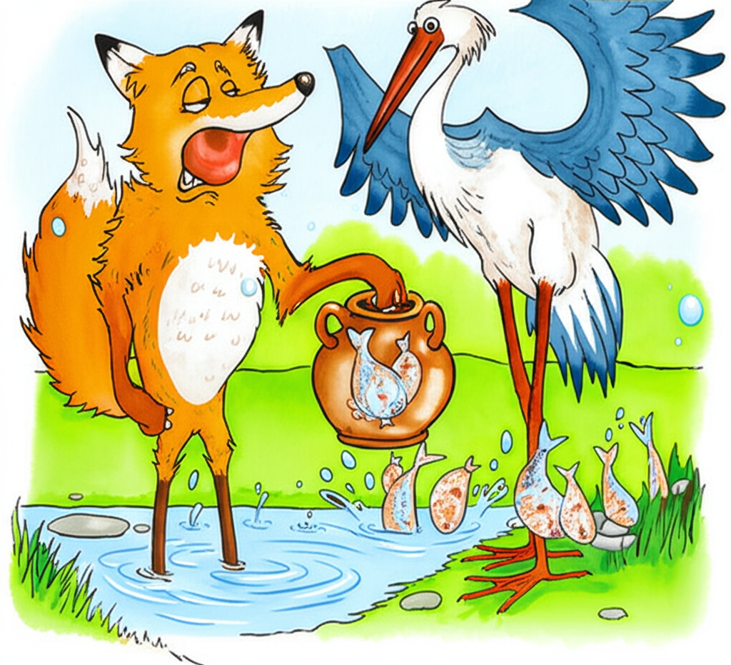 The fox and crane standing near water. The crane holding two jugs filled with fish. The fox looks dejected in the background.