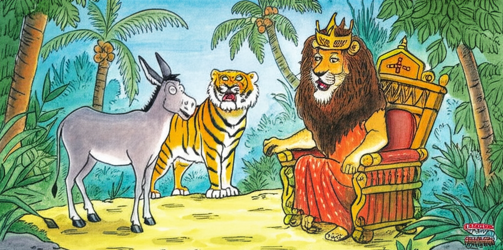 A water color drawing of a donkey and a tiger standing in front of the jungle king, the lion, on his throne. The donkey is shouting and the tiger looks upset.