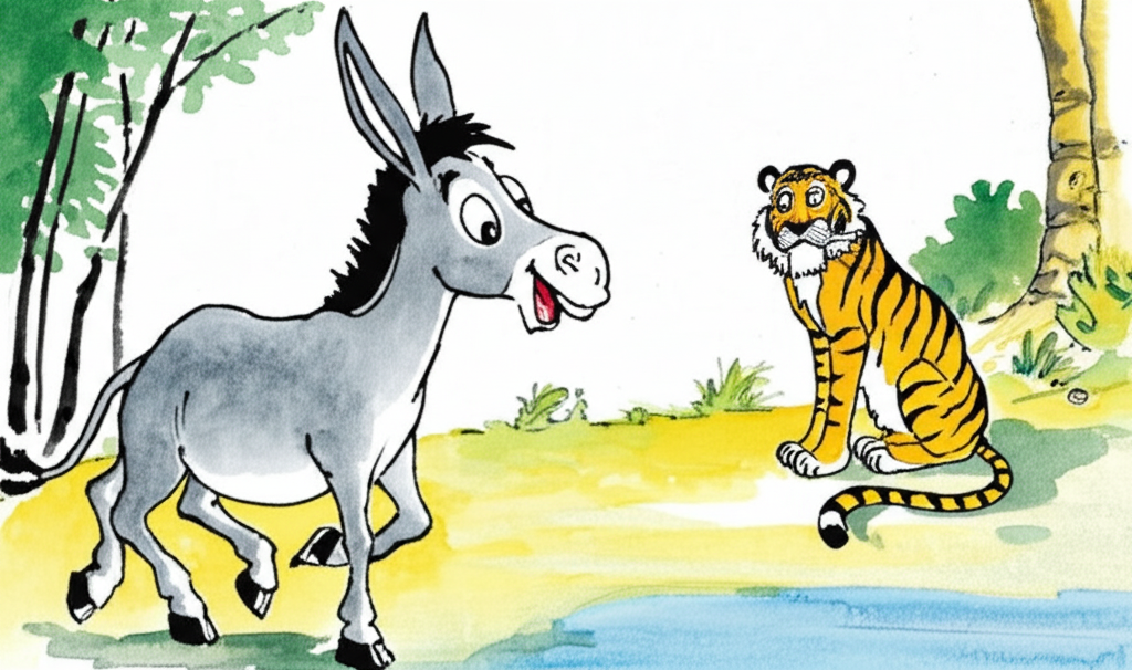 An image showing the donkey happily walking away with a big smile on his face, while the tiger sits quietly in the background looking dejected.