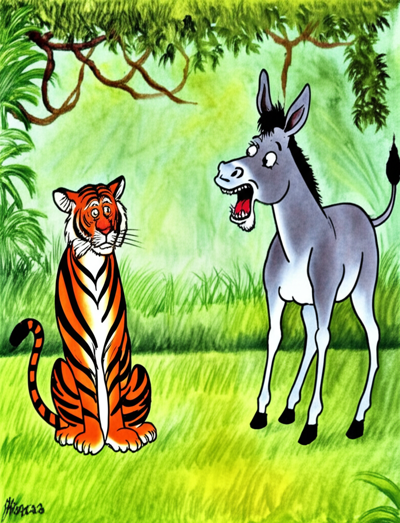 A picture of the jungle with green grass, but the tiger sitting in front of it looking puzzled and the donkey standing next to him, still shouting