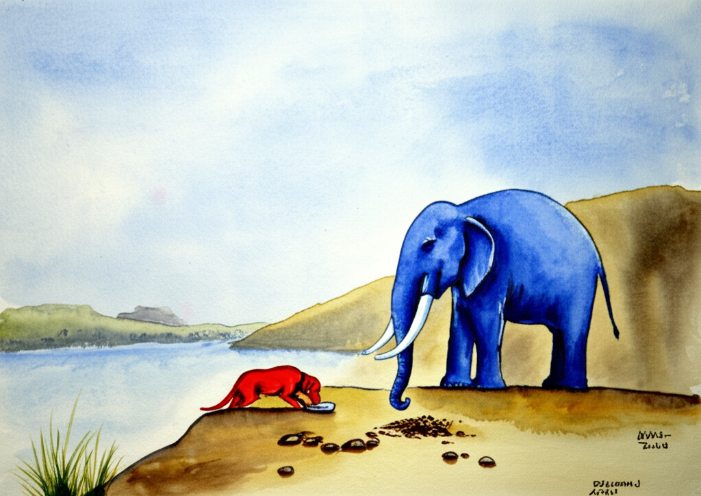 A king’s blue elephant stands near a small hill, watching a red labrador dog eat leftovers from the keeper’s plate. The two are initially unaware of each other’s presence.