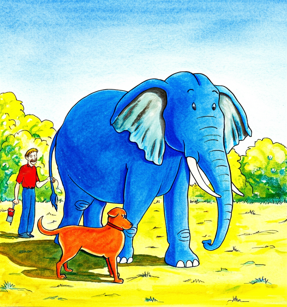The king’s blue elephant and the hungry red labrador dog become fast friends, playing together in the sunshine as the keeper looks on with a smile.