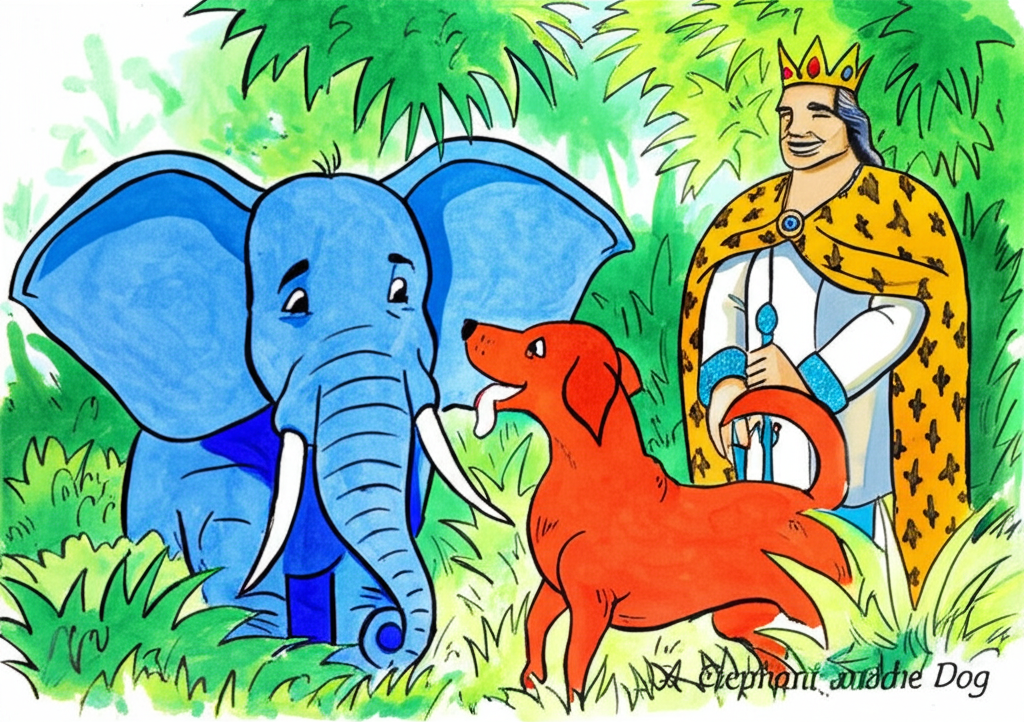 A heartwarming scene shows the blue elephant and the red labrador dog playing together once more, this time with the king watching proudly from the sidelines, surrounded by lush greenery.