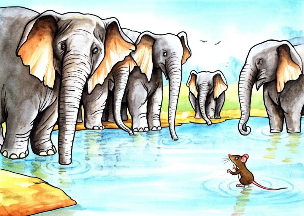 Showing the leader mouse standing bravely in front of the elephants, asking them to change their path and promising help when needed.