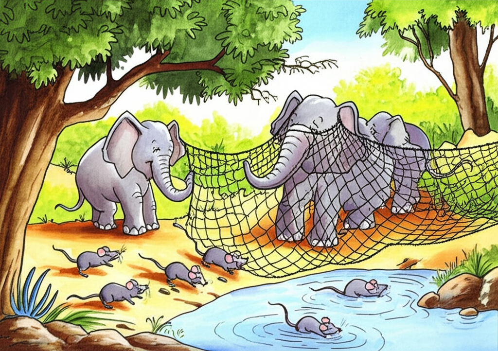 Illustrating the hunter’s nets trapping the elephants, with the mice rushing to the scene to help free them. The image should highlight the determination and teamwork of the mice.
