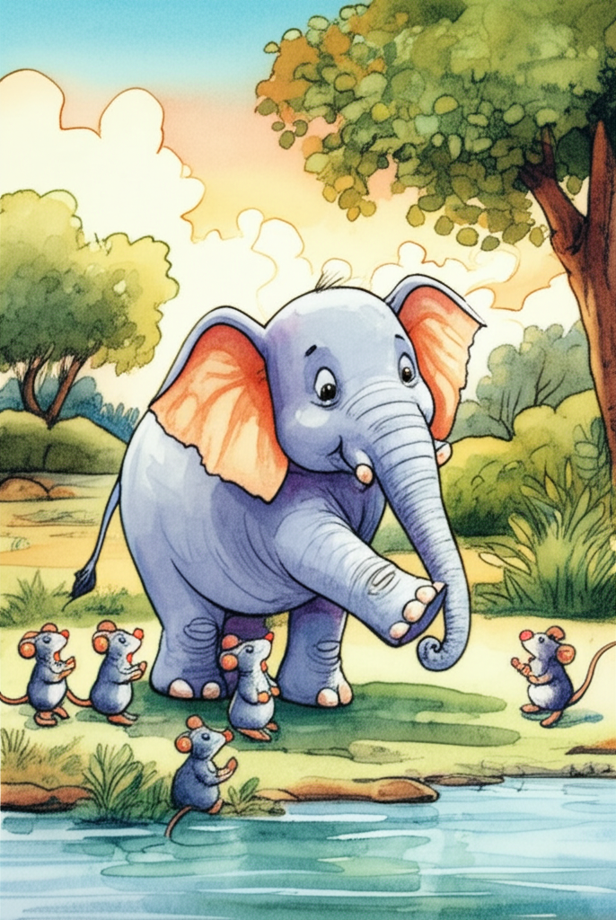 Portraying the grateful elephant leader thanking the mice for their heroics.
