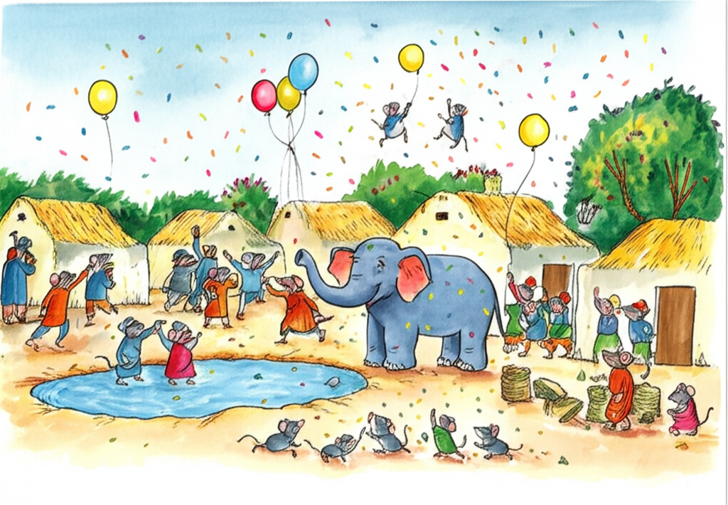 Depicting the village and its residents – the mice – celebrating their victory over the hunters, with confetti, balloons, or other festive elements.