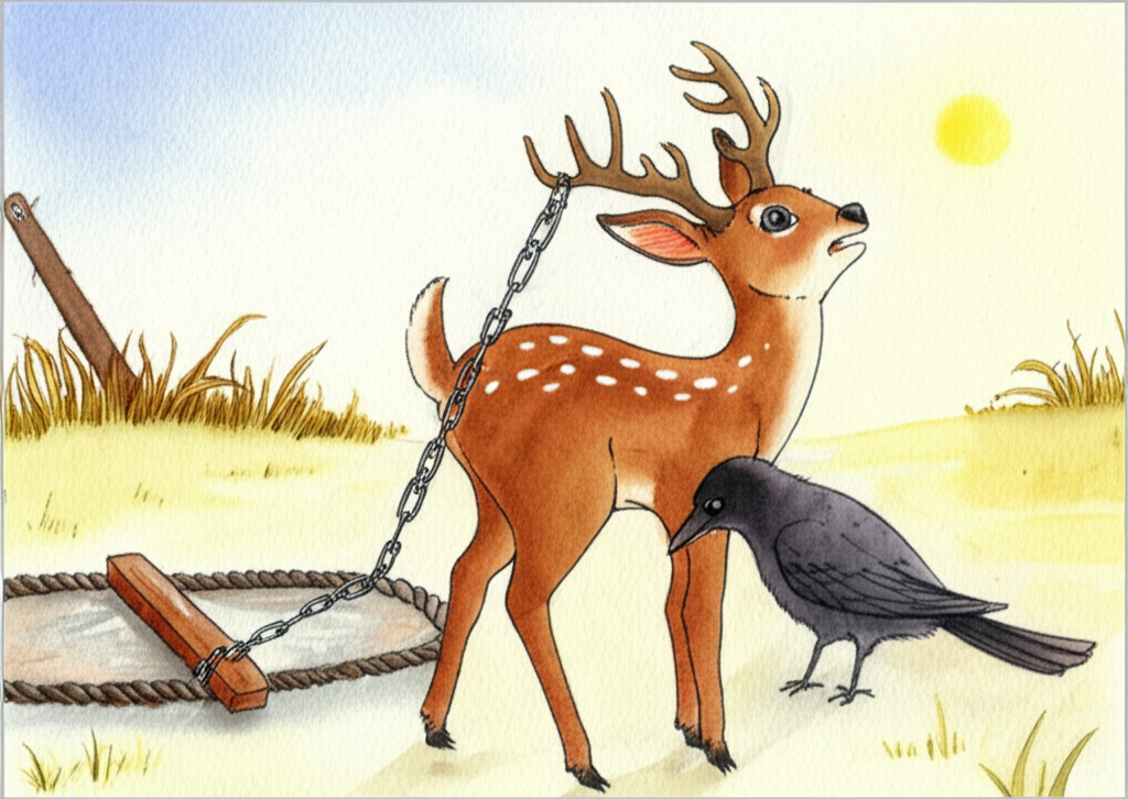 Watercolor painting of a deer and a crow, the deer a warm brown with large, expressive eyes, the crow a deep charcoal grey with bright, inquisitive eyes.  Both are consistently sized and shaped throughout the painting.  The background shows a sun-drenched field with a partially visible, rustic wooden trap.  The deer is caught in the trap, looking fearful, while the crow perches nearby, watching with concern.  Use soft, muted colors for a gentle, storybook feel. Emphasize the contrast between the deer’s fear and the crow’s alertness. Style: whimsical watercolor illustration.