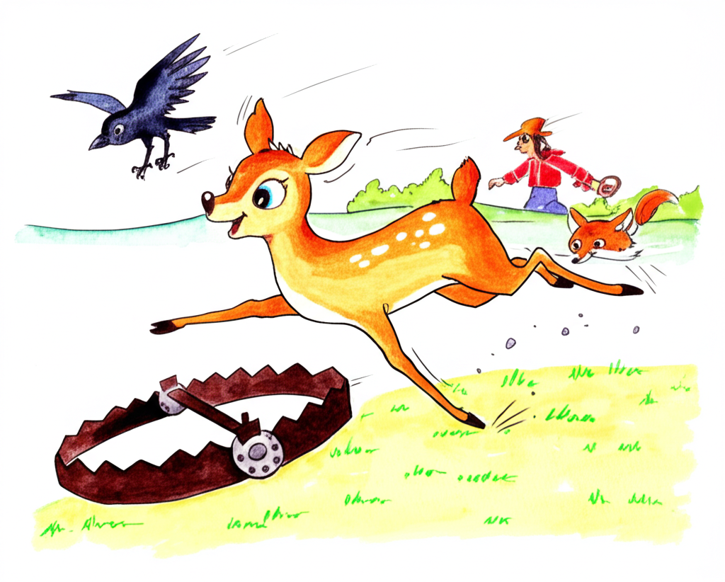 A single watercolor painting showing the deer and crow as main characters. The deer, a light caramel brown with large, gentle eyes, is running away from a dark brown wooden trap with its legs slightly splayed, indicating just escaping. The crow, a deep grey-blue, flies alongside, its wings spread in a dynamic pose. In the background, a farmer with a red coat and angry expression is seen far away, chasing a small orange fox. The style should emulate children’s book illustrations: simple, charming, and slightly naïve. Focus on the joy of escape, with the deer and crow’s bodies and expressions conveying relief and friendship.