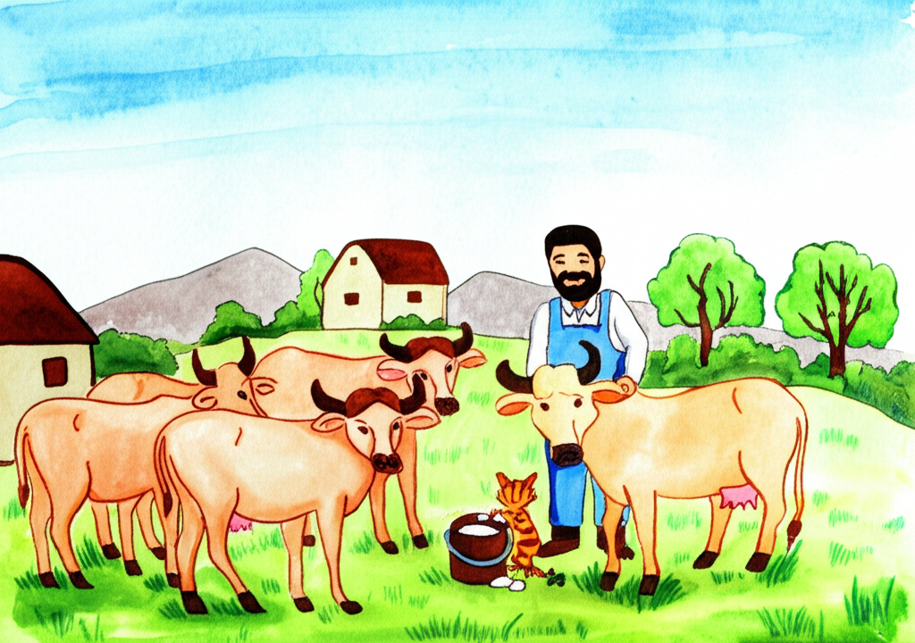 Watercolor painting of a heartwarming farm scene: A kind farmer, depicted with warm brown tones and simple features, tends to five plump, light brown buffaloes and a gentle, cream-colored cow. Lush green grass surrounds them.  In the background, a small village is visible, painted in muted earth tones.  The style should be reminiscent of children’s book illustration, with soft outlines and gentle color blending.  A small, mischievous orange cat is subtly lurking near a pail of overflowing milk in the foreground.
