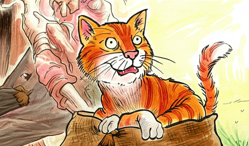 Watercolor illustration: The farmer, in the same style as above, is attempting to capture the orange cat in a jute bag trap. The cat is depicted in shades of orange and white, its fur slightly ruffled, showing its agitation. The jute bag is a rough, textured brown. The overall color palette is warmer, with hints of orange and yellow to foreshadow the impending fire. The scene should be slightly chaotic, hinting at the farmer’s rising anger.