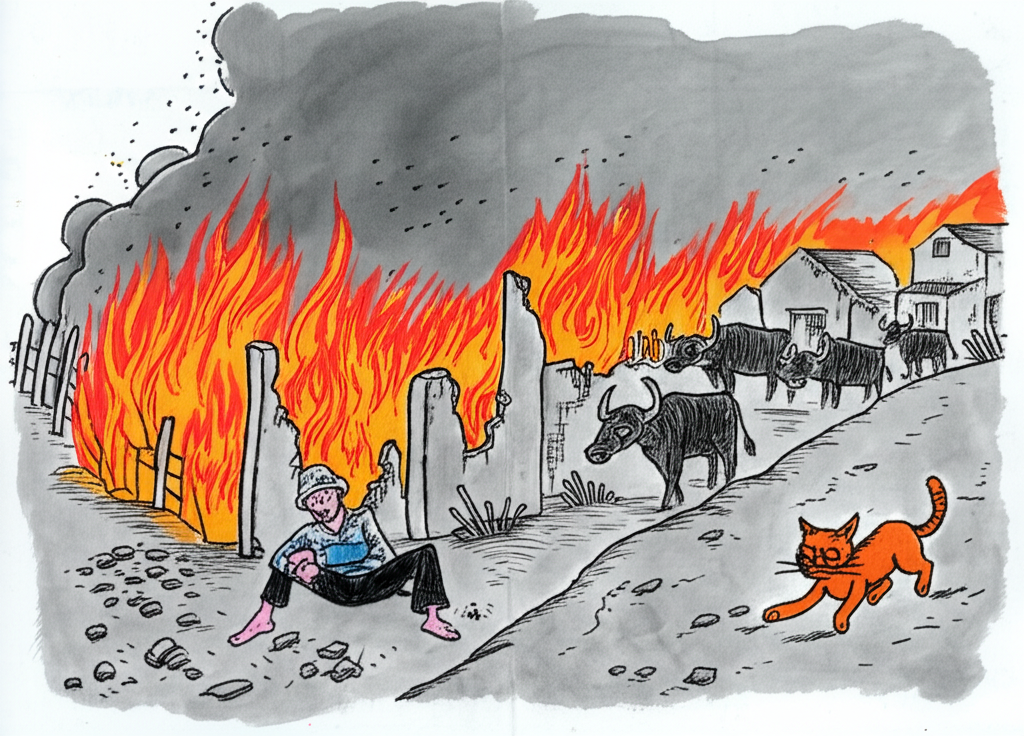 A watercolor depiction of the aftermath: The farmer sits dejectedly amidst the ruins of his home, rendered in somber gray and black tones, against a backdrop of a village consumed by fire. The fire is painted with vibrant reds and oranges, contrasting with the ash-gray surroundings. The orange cat, now slightly singed and appearing remorseful, is shown running away from the flames. The five buffaloes and the cow are safely tucked away in a distance, painted in the same consistent color scheme as before. The overall mood is somber and reflective.
