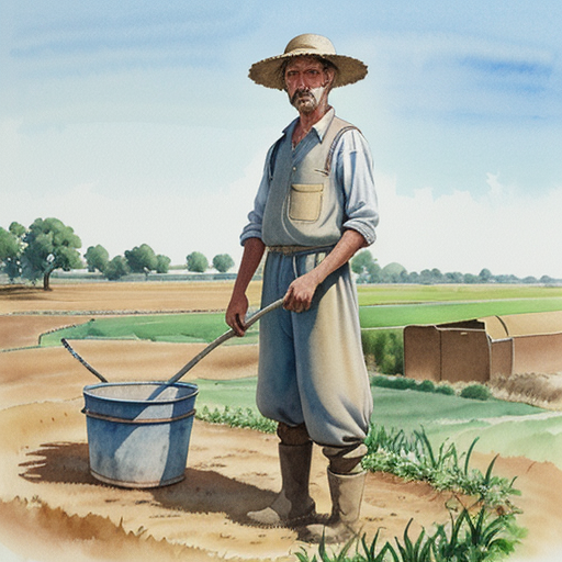 An illustration of a farmer standing in front of his neighbor’s well, with a bucket and a confused expression, surrounded by dry crops and a sunny sky.