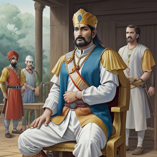 The king’s court scene: The king sits on his throne, surrounded by advisors and guards, while the farmer and his neighbor stand before him, looking nervous. Birbal stands out as the wisest advisor, with a thoughtful expression.