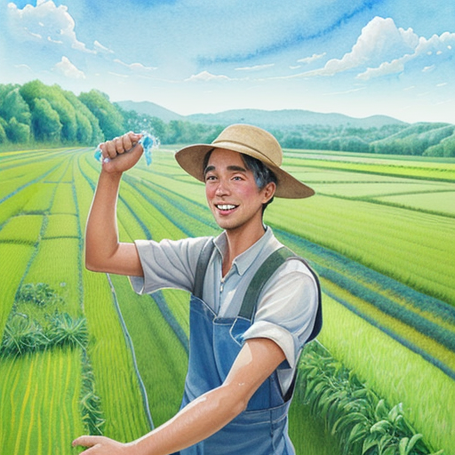 A warm and friendly illustration of the farmer returning to his fields with a happy smile, surrounded by lush green crops and a bright blue sky, symbolizing the joy of justice and fairness.