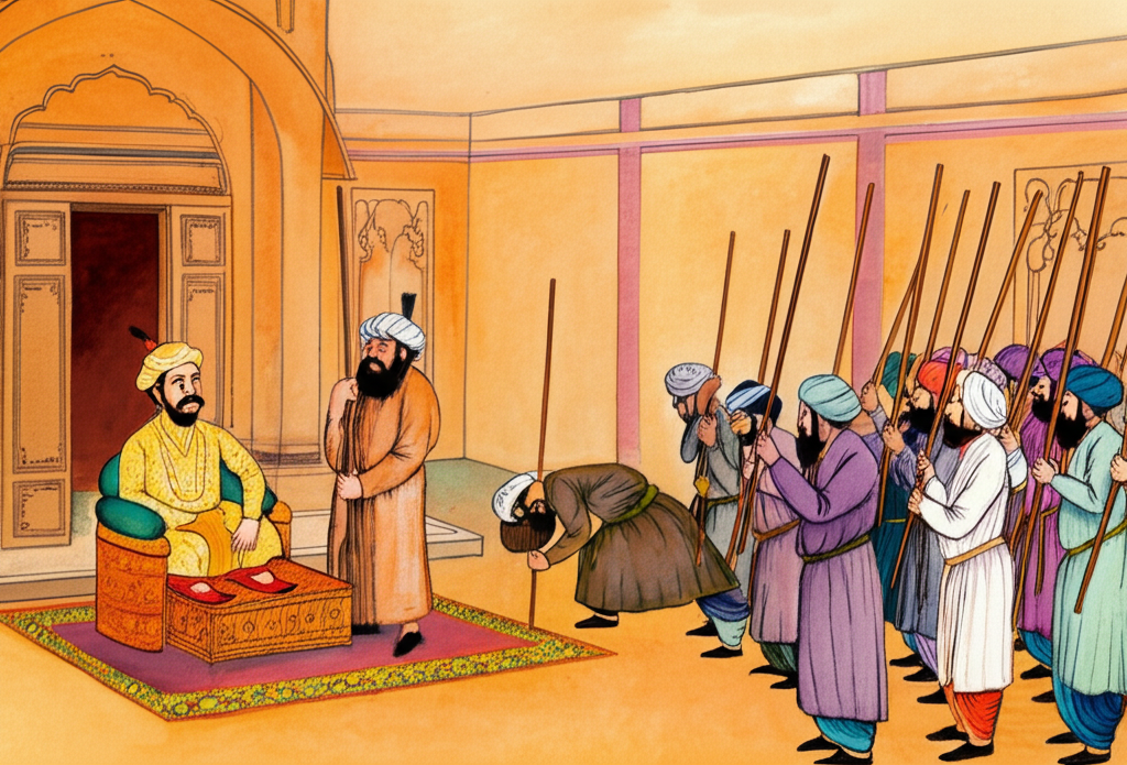 Watercolor painting of a bustling Mughal court scene. Emperor Akbar sits on a raised dais, regal in vibrant gold and crimson robes.  Birbal, slightly smaller but with a distinct, wise expression, stands beside him in calming blues and greens.  A worried merchant, depicted in muted browns and greys, kneels before them, recounting his plight.  In the foreground, a line of servants, each holding a similar-sized wooden stick,  are depicted in various muted earth tones with one servant clearly smaller and noticeably fidgeting, highlighted with a darker shadow suggesting guilt. The overall style should be detailed yet whimsical, evoking a classic fairytale atmosphere with warm, inviting colors.