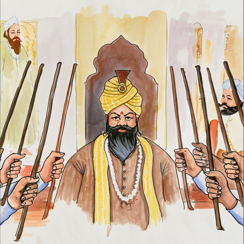 Watercolor illustration depicting Birbal’s clever plan. The focus is on a close-up of the servants’ hands holding their sticks, rendered in realistic detail. The sticks are all the same length, except for one which is visibly shorter.  Use a muted color palette, focusing on the contrast between the identical sticks and the slightly shorter, darker stick of the guilty servant.  Emperor Akbar and Birbal are visible in the background, painted in soft, muted tones, to emphasize the focus on the crucial evidence. The background should use light washes of color suggesting a grand court setting. 