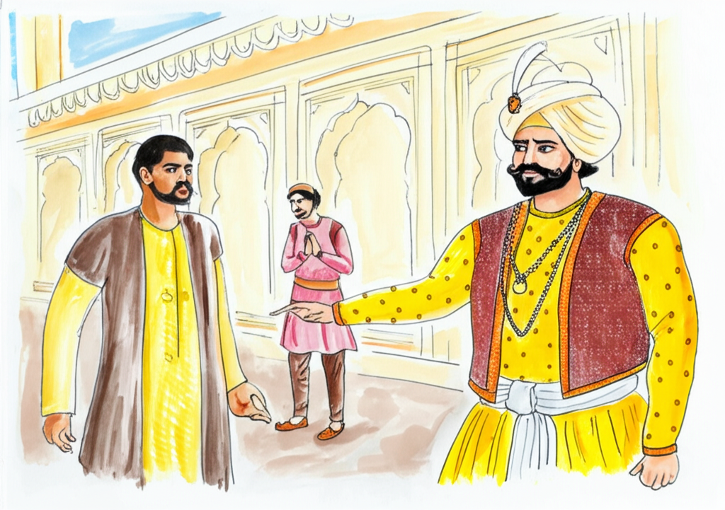A watercolor painting showcasing the triumphant conclusion.  Emperor Akbar, in rich, celebratory colors, gestures approvingly towards Birbal, who smiles serenely in calmer, complimentary tones. The merchant, now relieved and grateful, is shown bowing deeply in softer browns and yellows. The thief is depicted in the background, subdued and smaller, with darker shades emphasizing their guilt. Use a lighter color palette with celebratory touches, such as gold accents on the Emperor’s garments, to portray joy and resolution. The overall style should be elegant and expressive, using flowing brushstrokes to convey a sense of justice and happiness.