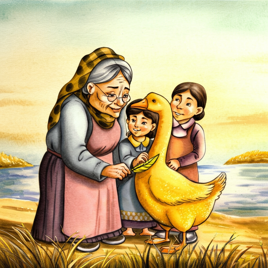 Watercolor painting of a heartwarming scene: A kind golden goose with shimmering, detailed feathers, slightly larger than a human child, gently presents a single golden feather to a smiling, wrinkled old woman and her two younger daughters. The woman and girls are dressed in simple, muted earth-toned clothes.  The lake is in the background, subtly reflecting the golden light.  Use a soft, warm color palette, focusing on the gentle contrast between the goose’s bright feathers and the subdued clothing of the women.  The overall feeling should be one of kindness and generosity.