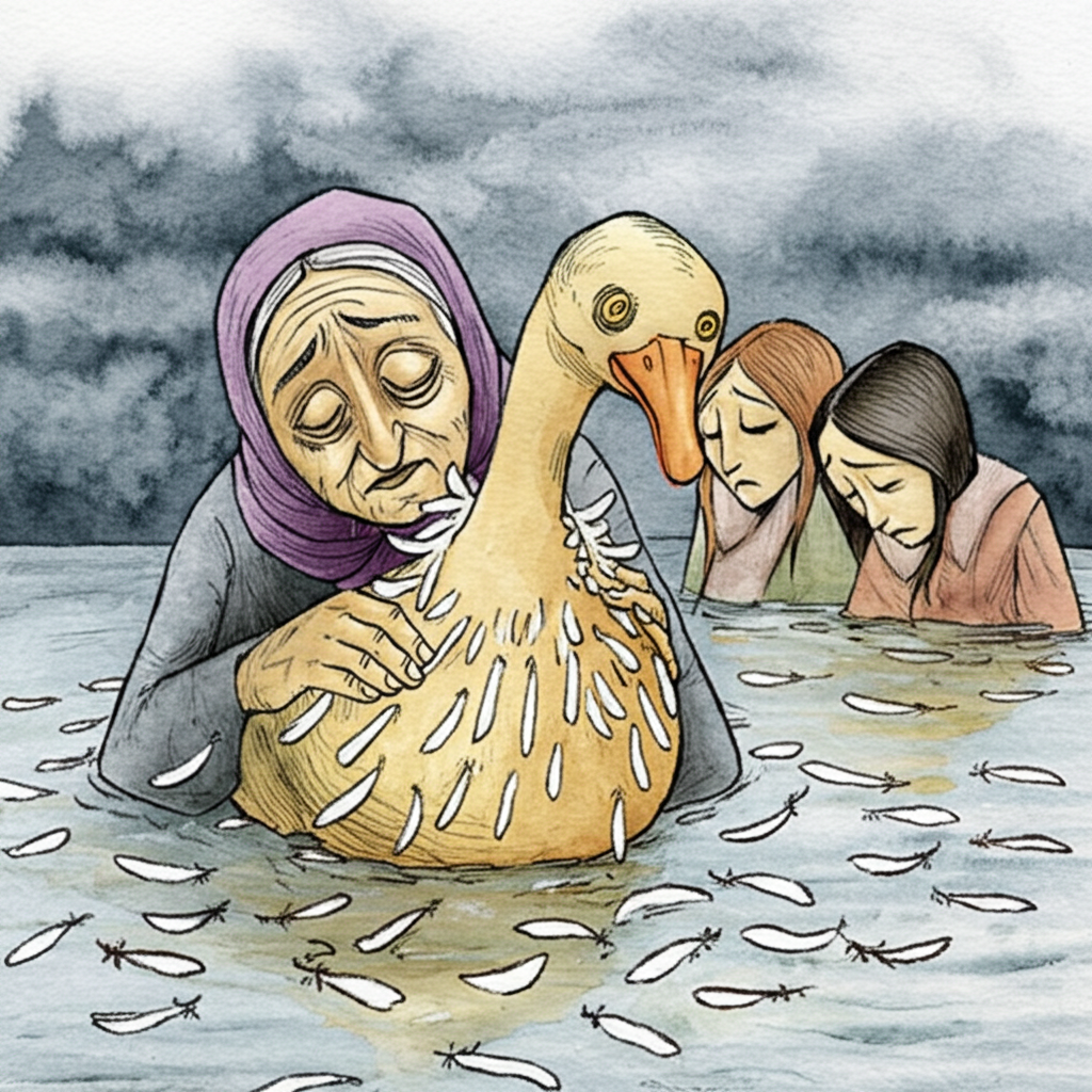 Watercolor illustration:  The central focus is a distressed golden goose, its feathers now dull white, with a few remaining golden feathers clinging to its body. The old woman, her face etched with regret, clutches a pile of white feathers, her daughters looking on sadly. The background depicts a gloomy, grey lake with dark, stormy clouds. The palette should be cool and muted, with a touch of faded gold to represent the lost glory. The style should be expressive, highlighting the emotions of the characters.