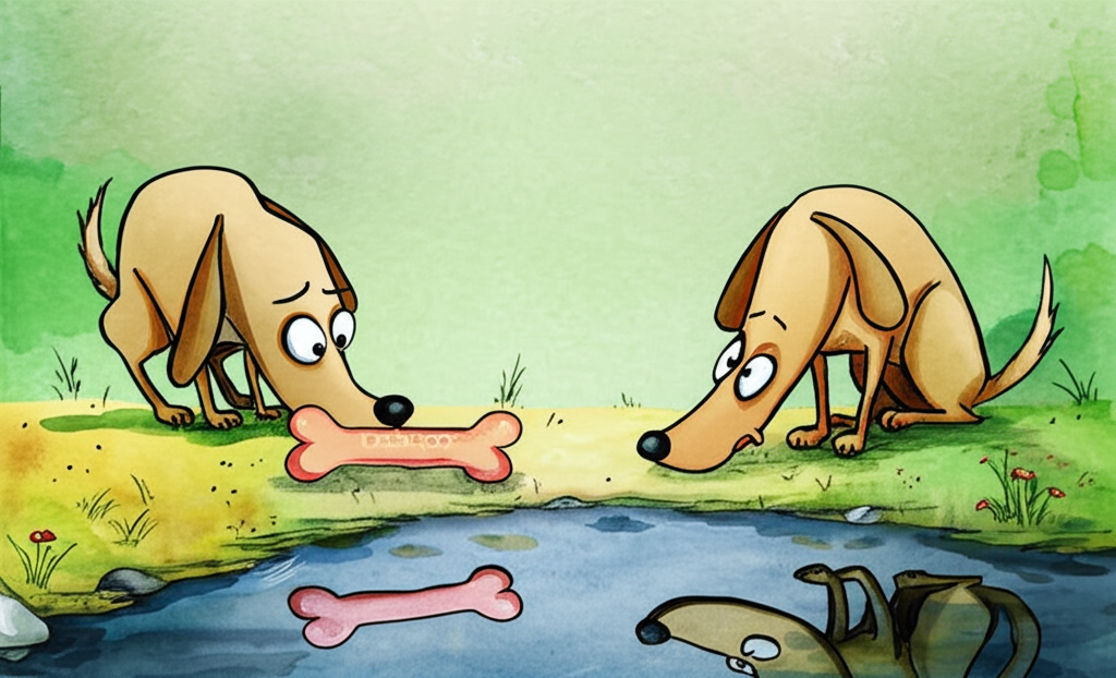 Watercolor painting in a whimsical style depicting a hungry, light brown dog with oversized, expressive eyes. The dog is depicted three times: 1) sniffing out a glistening, large bone in a field of bright, loose watercolor washes of green and yellow, 2) facing a river with a clear reflection of itself holding the same bone, 3) sadly sitting by a now cloudy, dark-blueish river, the bone lost.  The dog should be consistently drawn, with the same size and color throughout, emphasizing its emotions through its eyes and body language. Use soft, translucent watercolor techniques to create a dreamy, slightly melancholic mood.