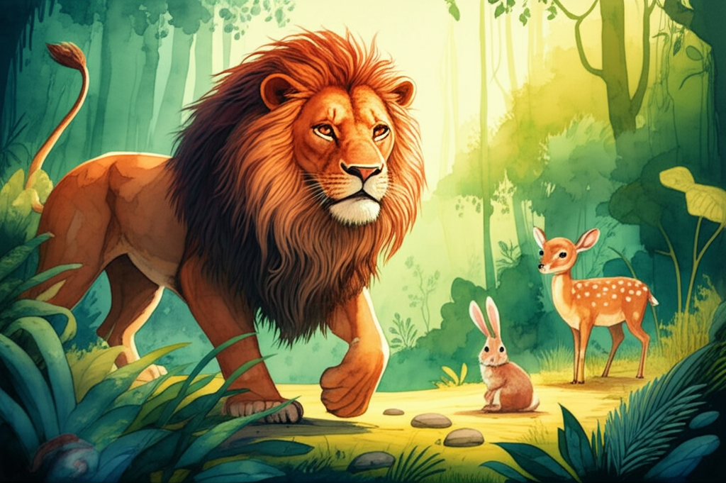 Watercolor painting of a lion, consistently colored burnt orange and ochre with a large, slightly grumpy mane, and a small, brown rabbit with long ears.  The background is a lush, vibrant green jungle scene painted in loose watercolor style.  The lion is depicted twice: once large and menacing, approaching a small, slightly blurry deer in the mid-ground; the second, smaller and dejected, looking sadly at an empty space where the rabbit once sat.  The deer should be a soft, muted brown. Use a limited palette of greens, browns, and oranges. Focus on capturing the contrast in the lion’s demeanor between the two scenes, highlighting his hunger and regret.