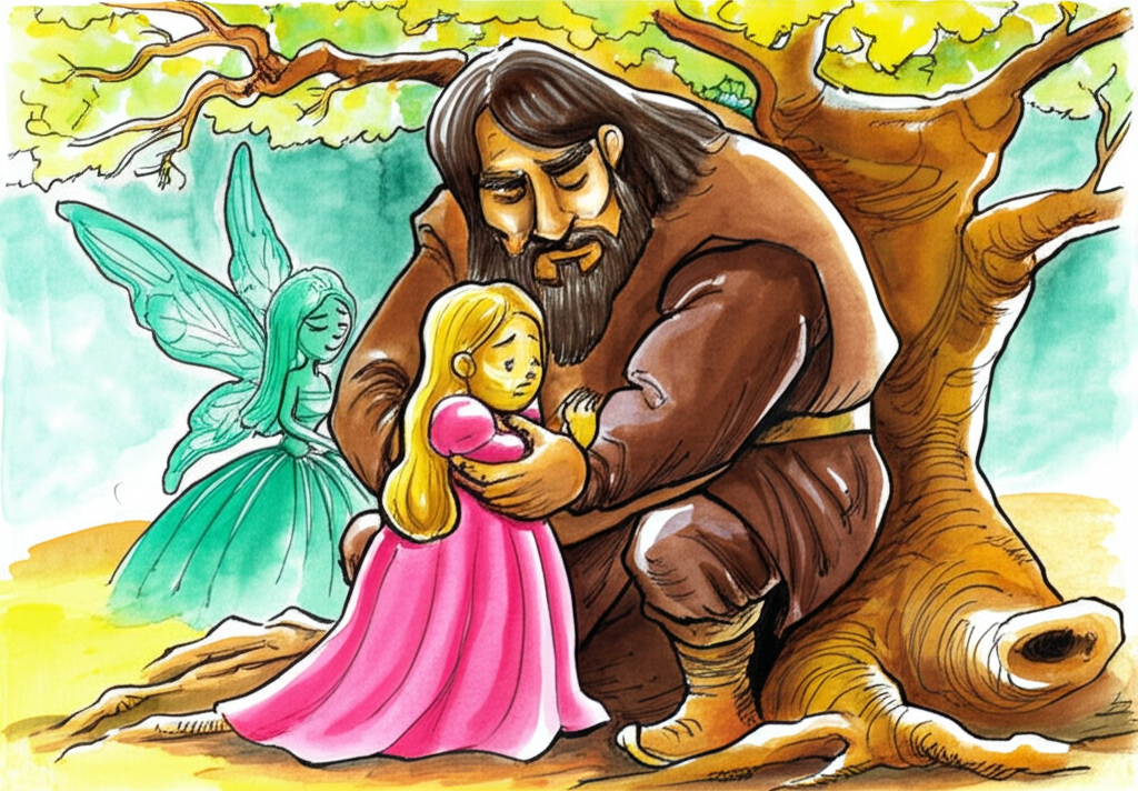 Watercolor painting of a story: A wealthy man, depicted in shades of deep brown and gold, with a slightly plump figure and a stern expression, is embracing his daughter, a small girl with bright pink dress and rosy cheeks, who is now turning golden.  In the background, a whimsical fairy with shimmering teal hair and gown, is partially obscured behind a gnarled, golden tree, her expression a mix of sadness and pity. The overall color palette is warm, with golds and browns contrasting against the cool teal of the fairy and the pink of the girl’s dress. Focus on the emotional contrast between the man’s greedy expression and the girl’s innocent, now golden, form.  Use loose, expressive watercolor brushstrokes to capture the emotional weight of the scene.