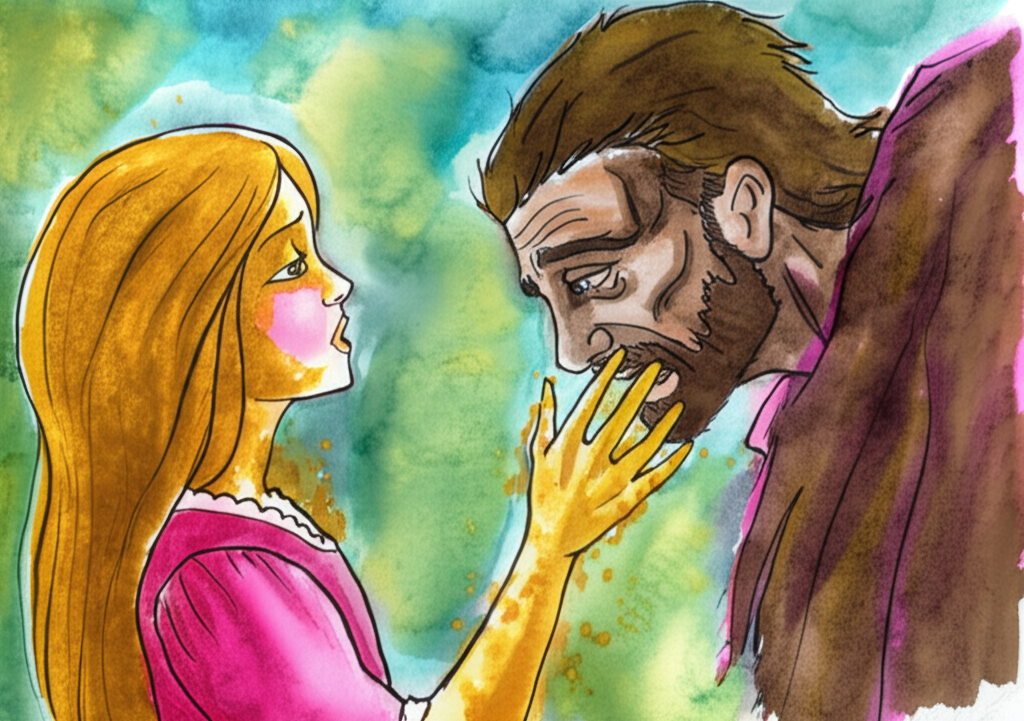 Watercolor painting: A close-up on the moment the man’s daughter transforms.  The man’s hand is touching her cheek, the gold spreading like a wildfire across her pink dress and skin.  His face is a mask of horror and regret, painted in dark browns and muted oranges.  His daughter’s face, though turning gold, retains a hint of her rosy cheeks, creating a poignant contrast. The background is blurred, hinting at a lush green landscape and a distant, almost ethereal, fairy with shimmering teal hair. Focus on the texture of the watercolor, showing the smoothness of the gold against the rougher texture of the man’s clothing and the girl’s original skin tone. Use vibrant colors for the initial rosy skin tone and then muted gold for the transforming body.