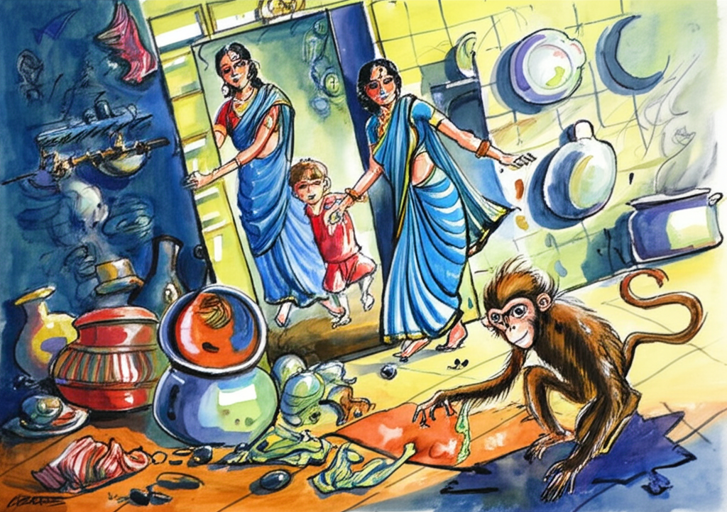 Watercolor painting of a mischievous monkey (brown fur, large expressive eyes, small size relative to humans) causing chaos in a vibrant kitchen.  A woman (wearing a blue sari, dark hair, calm expression) observes from a doorway, while a child (wearing red, light brown hair) watches from behind the woman.  The pots and pans are scattered, clothes are torn on the floor.  Use a bright, slightly chaotic color palette. Focus on capturing the monkey’s mischievous energy.