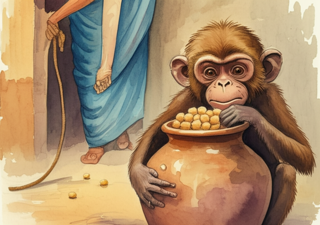 Watercolor illustration depicting a monkey (same brown fur, large expressive eyes, small size) with a handful of chickpeas trapped in a narrow-necked terracotta pot. The monkey’s face expresses frustration and greed. The house helper (same woman in blue sari but now closer) is in the background, a rope subtly visible in their hand.  The colors should be warm and earthy, with emphasis on the contrasting textures of the rough pot and the soft fur. Use muted tones to create a sense of anticipation.
