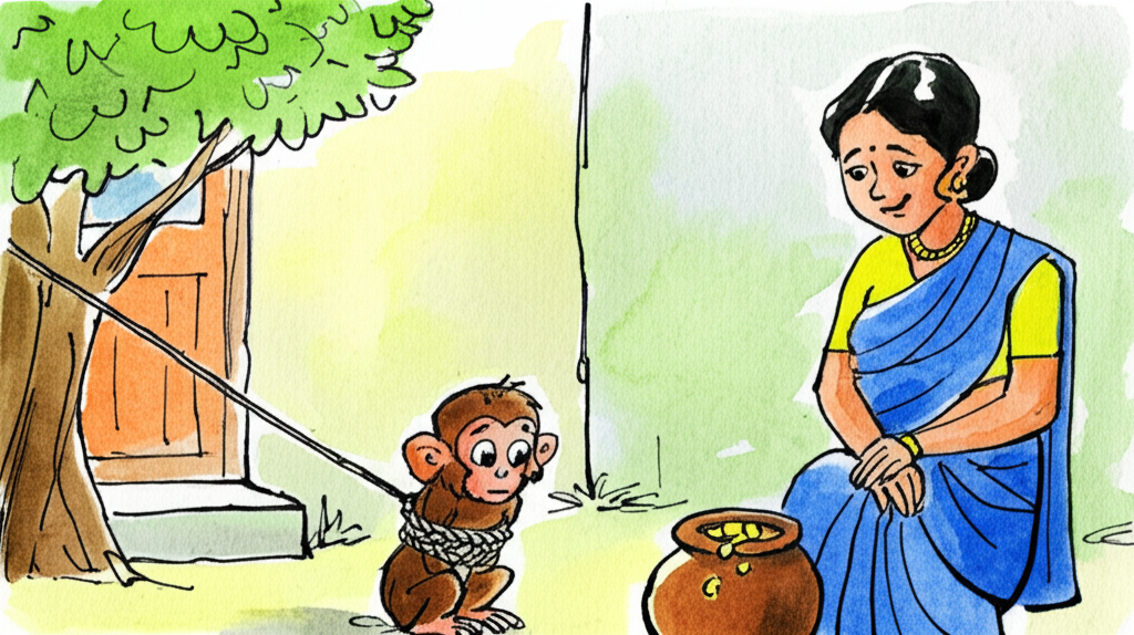 Watercolor scene showing the monkey (same brown fur, large expressive eyes, small size) tied up with a rope by the house helper (same woman in blue sari, now smiling slightly).  The narrow-necked pot with remaining chickpeas sits nearby.  The monkey looks dejected and smaller than before.  The overall scene is peaceful and slightly humorous, using a softer color palette with muted greens, browns, and blues to convey the resolution. The style should evoke a children’s storybook illustration.