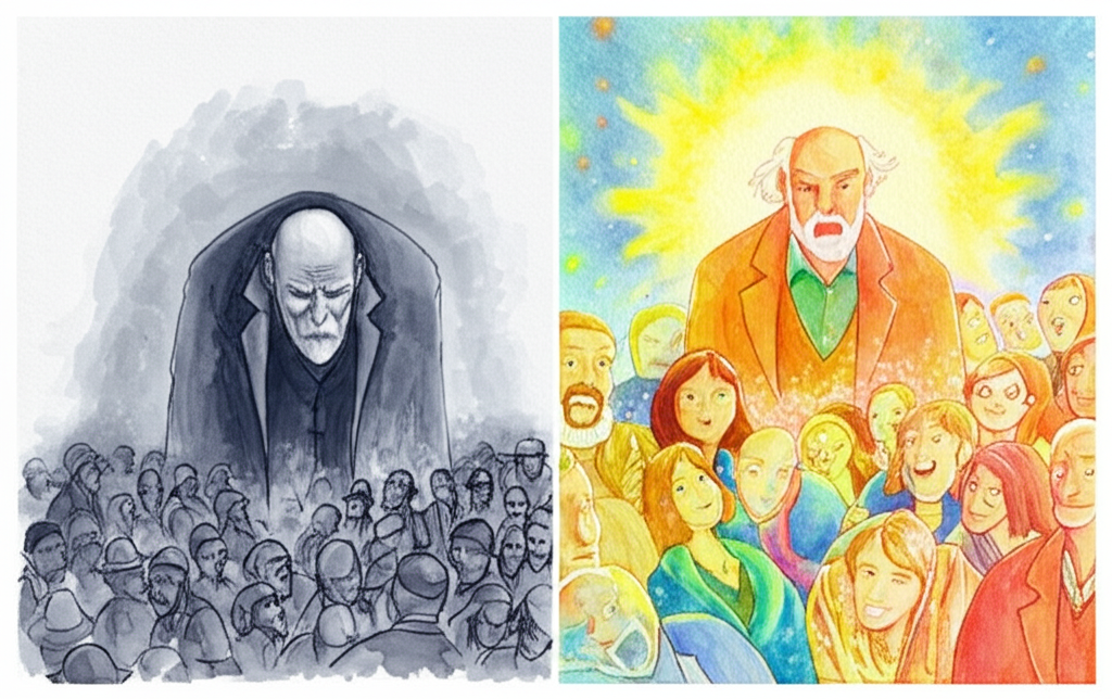 Watercolor illustration:  A split-panel image. On the left, a gloomy, desaturated watercolor depicting the grumpy old man in dark blues and greys, his figure dominating the space, surrounded by smaller, faded figures representing the villagers avoiding him.  The right panel shows a bright, celebratory scene of the same old man, now depicted in warm, golden yellows and light oranges, radiating happiness. He’s surrounded by cheerful villagers in vibrant hues, all significantly larger and more detailed than in the left panel. The style should be loose and expressive, with visible brushstrokes.