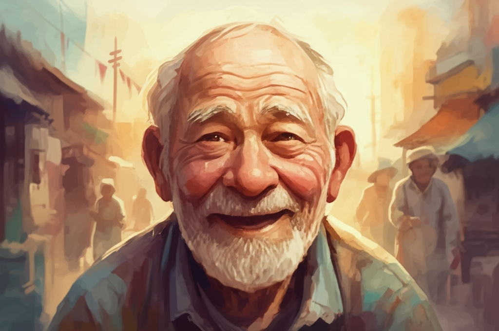 Watercolor painting focusing on the transformation of the old man.  The main image is a detailed portrait of the old man at age 80, with a radiant, smiling face painted in warm, happy colors (oranges, yellows, and rosy pinks).  Subtle, smaller, background watercolor washes depict his previous grumpy self in desaturated colors (greys, blues, and muted browns) ,almost like a fading memory.   The background should suggest a simple village setting, with perhaps a hint of celebration amongst other, less detailed, villagers. Use translucent watercolor washes to create a sense of depth and mood.  Focus on the emotional contrast between the old man’s before and after.