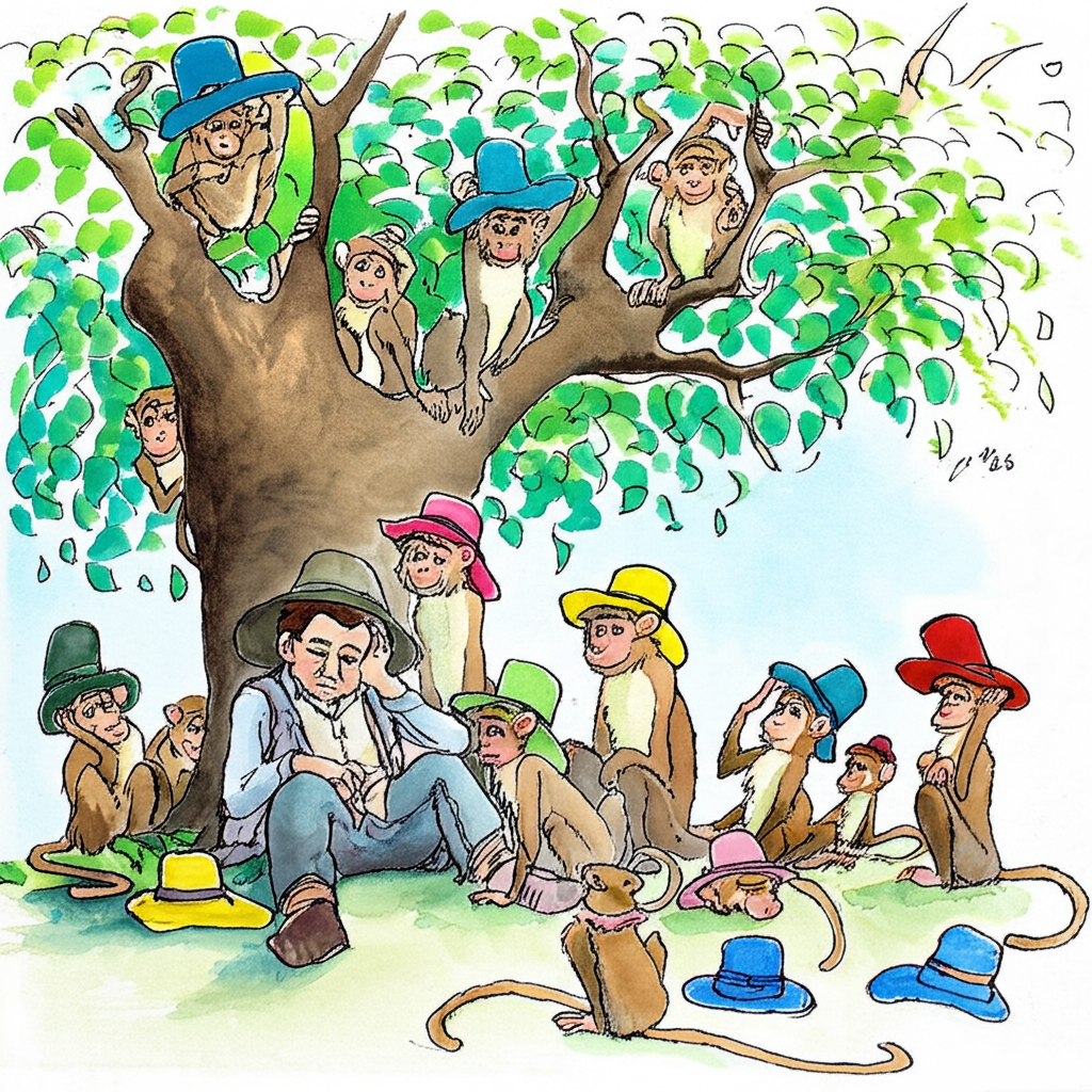 Watercolor painting of a whimsical scene: A tired hat seller, depicted with warm earth tones and simple features,  rests under a large, leafy green tree.  Around him, a troop of playful monkeys, rendered in various shades of brown and beige with expressive eyes, are wearing colorful hats. Some hats are scattered on the ground, painted in vibrant blues, reds, and yellows. The background should be a soft, impressionistic wash of blues and greens, suggesting a sunny day. Focus on light and shadow to emphasize the whimsical and charming nature of the scene. The style should be loose and expressive, characteristic of watercolor.
