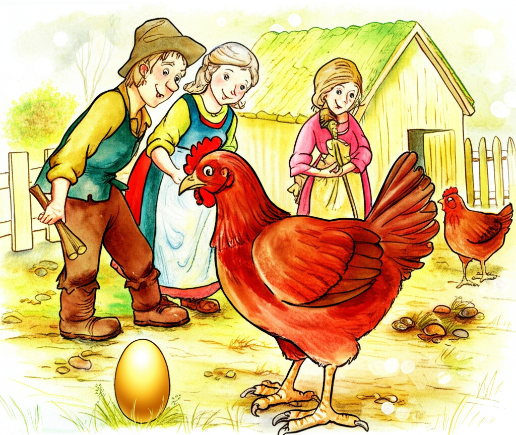 Watercolor painting of a farmer and his wife, both wearing simple, earthy-toned clothing (the farmer in browns and the wife in a muted blue), standing beside a hen house. The hen is depicted as a plump, healthy Rhode Island Red with vibrant red feathers.  In the foreground, a single gleaming golden egg rests on the ground, contrasted by the muted earth tones of the setting.  In the background, faintly, is a suggestion of their small village. Use a soft, warm color palette with muted greens, browns, and yellows, emphasizing the contrast of the golden egg against the rustic setting. The style should be reminiscent of classic children’s book illustrations.