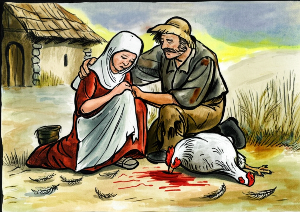 A watercolor illustration of a heartbroken farmer and wife, their clothes now slightly more disheveled and dull in color than before (same color scheme as above), kneeling beside a lifeless hen, its feathers slightly ruffled and looking dull.  Blood is subtly suggested, depicted with dark reddish-brown washes, rather than intensely realistic detail.  The scene is somber and slightly muted in color. A scattering of brown feathers and the absence of a golden egg emphasizes their loss. The background shows a slightly darker, more somber representation of the village. Focus on conveying emotion through color and composition.