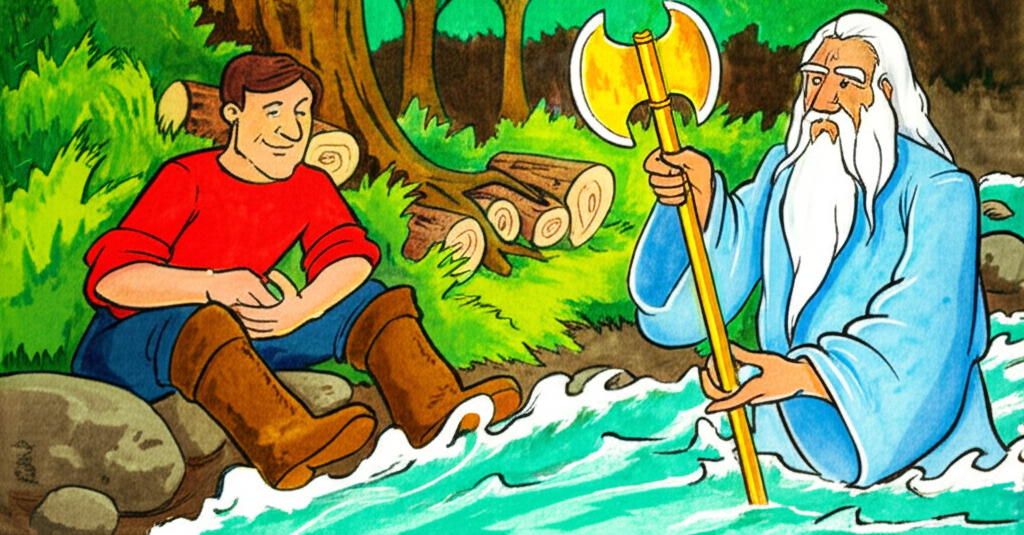 Watercolor painting of a woodcutter, consistently depicted with brown hair, a red shirt, and blue trousers, sitting by a rushing river. The river is a vibrant teal, and the forest background is a mix of deep greens and browns. A river god, depicted with flowing light blue robes and long white hair, is partially submerged in the water, offering a golden axe to the woodcutter. In the background, a pile of cut logs is visible.  The style should be whimsical and slightly cartoonish, maintaining consistency in character design across the scene.