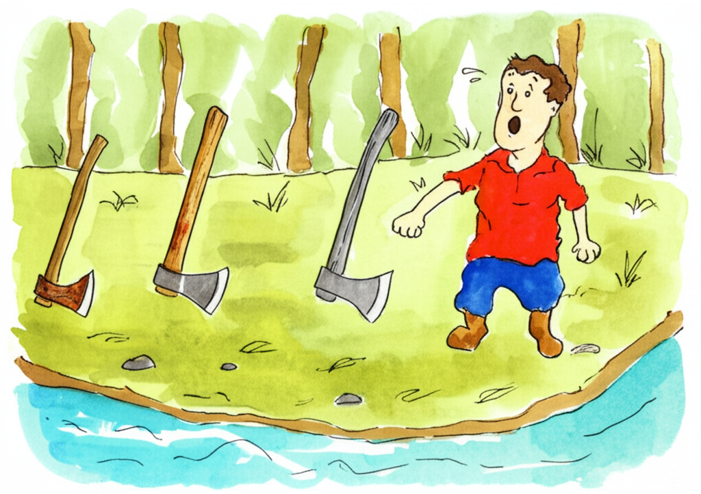Watercolor illustration showcasing the three axes: a rusty iron axe, a shiny silver axe, and a gleaming golden axe. The woodcutter (brown hair, red shirt, blue trousers) is shown reacting with different expressions to each axe.  The river is represented by soft blues and greens, with a hint of movement.  The background features a section of the forest, with simplified tree shapes in muted greens and browns.  Maintain consistent character design and color palette throughout.