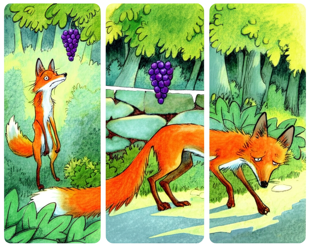 A watercolor illustration showing a sequence of three moments: 1) The hungry, orange fox with small pointed ears and a bushy tail searching amongst overgrown green foliage, looking sad and thin. 2) The same fox attempting to reach a bunch of plump purple grapes hanging from a low stone wall, his body slightly stretched upward,  in a bright sunny spot within a forest. 3) The fox walking away, his head down, in the shade of the same forest, looking disgruntled. Keep the fox’s size and color consistent throughout, using a light, airy watercolor technique to show movement and emotion.