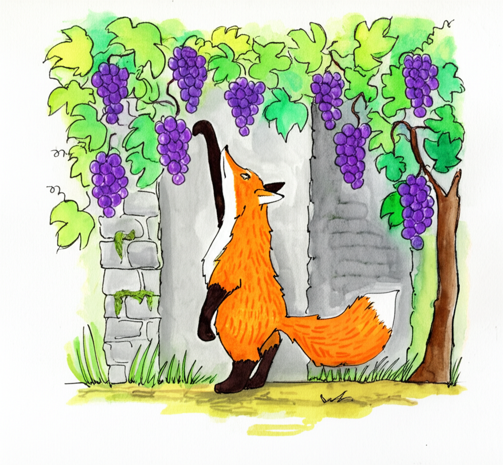 Watercolor painting of a whimsical scene. A chubby orange fox with small, pointed ears and a bushy tail, is standing beneath a vine laden with big, juicy purple grapes. The grapes hang from a grey stone wall that is slightly textured and mossy at the base.  The background depicts a soft-focused watercolor wash of a green forest. The fox has a determined yet slightly comical expression as he attempts (unsuccessfully) to reach the high-hanging grapes. The style should be loose and expressive, emphasizing the texture of the wall, the juicy grapes, and the fox’s fur using watercolor washes and splashes of color. The fox should maintain a consistent size, shape and coloration throughout the painting.